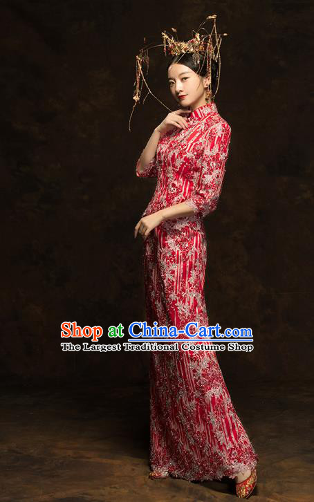 China Wedding Red Xiuhe Suits Classical Bride Costumes Traditional Toast Embroidered Slim Dress