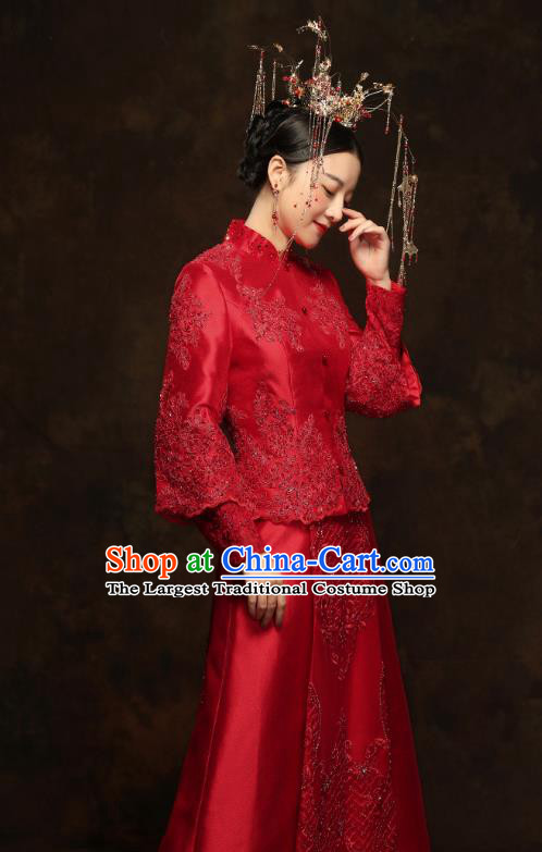 China Traditional Embroidery Beads Toast Dress Wedding Red Xiuhe Suits Classical Bride Costumes