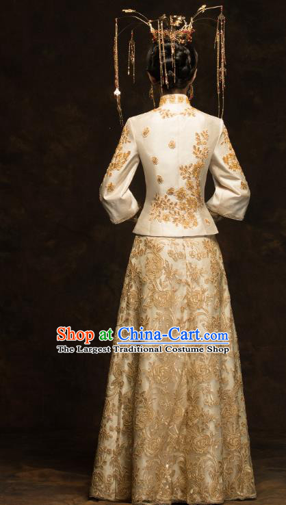 China Traditional Bride Costumes Wedding Toast Dress Classical Embroidered Phoenix Golden Xiuhe Suits
