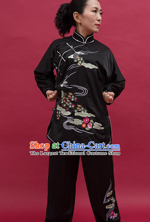 Chinese Martial Arts Embroidered Black Outfits Tai Chi Performance Garment Costume Kung Fu Wing Chun Competition Suits