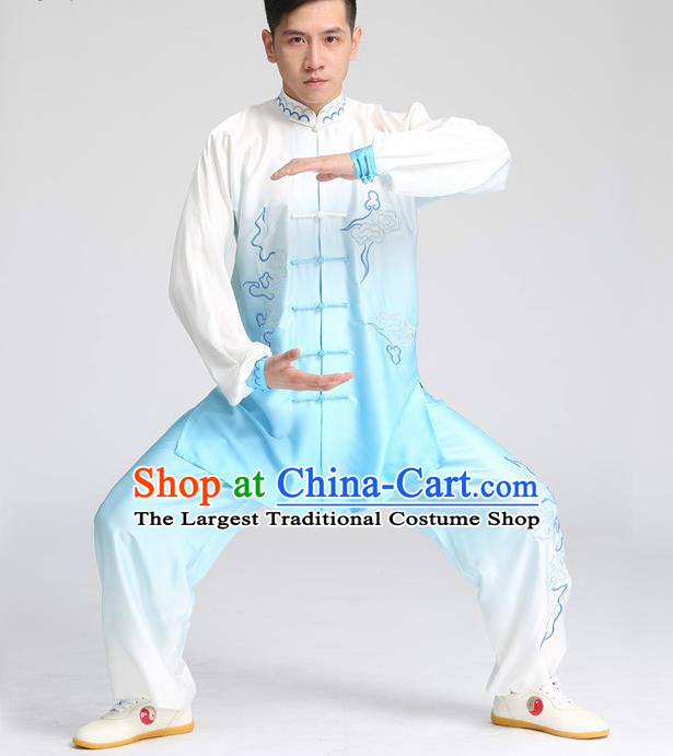 China Tai Chi Competition Embroidered Gradient Blue Uniforms Martial Arts Garment Costumes Kung Fu Performance Suits