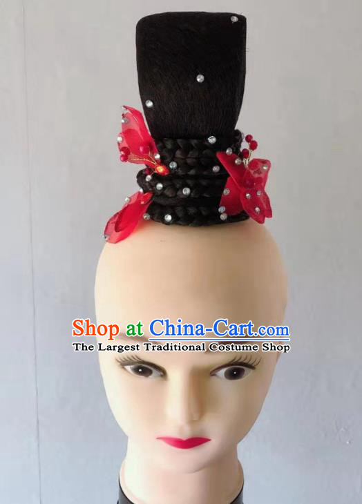 Handmade Chinese Classical Dance Hair Accessories Fan Dance Headpieces Woman Solo Dance Wigs Chignon