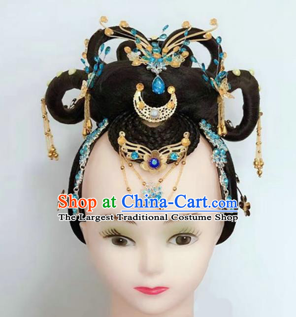 Handmade Chinese Woman Solo Dance Wigs Chignon Classical Dance Hair Accessories Flying Apsaras Dance Headpieces