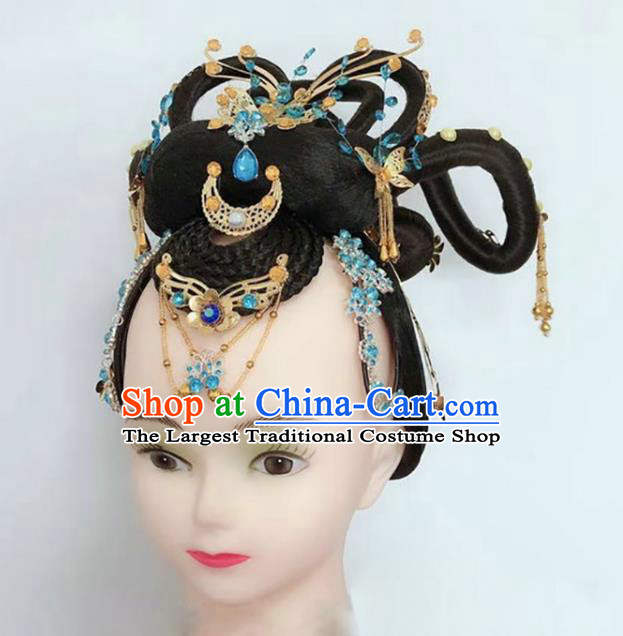 Handmade Chinese Woman Solo Dance Wigs Chignon Classical Dance Hair Accessories Flying Apsaras Dance Headpieces