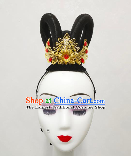 Handmade Chinese Stage Performance Hairpieces Woman Flying Apsaras Dance Wigs Chignon Classical Dance Hair Accessories