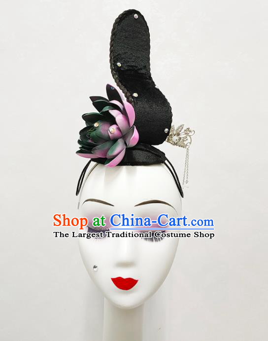 Handmade Chinese Lotus Dance Hairpieces Woman Classical Dance Wigs Chignon Flying Apsaras Dance Hair Accessories