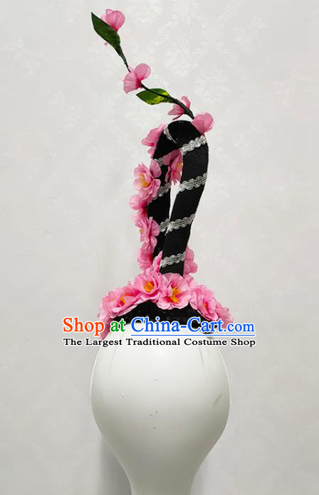 Handmade Chinese Peach Blossom Dance Hair Accessories Stage Performance Hairpieces Woman Classical Dance Wigs Chignon