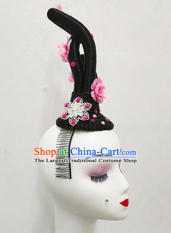 Chinese Woman Peach Blossom Dance Wigs Chignon Spring Festival Gala Stage Performance Hair Accessories Classical Dance Hairpieces