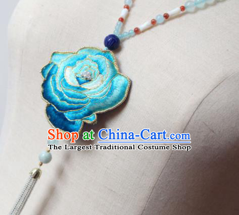 Handmade China Embroidered Blue Rose Necklet Classical Pearls Tassel Necklace Accessories