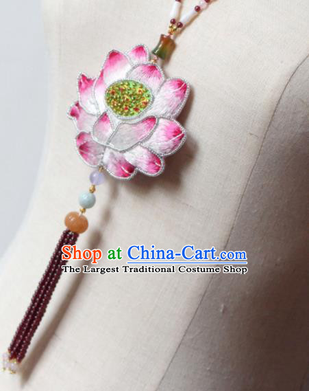 Handmade China Classical Garnet Beads Tassel Necklace Accessories Embroidered Pink Lotus Necklet