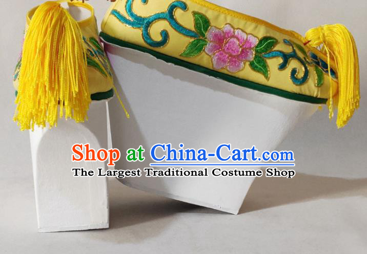 China Traditional Peking Opera Actress Shoes Beijing Opera Hua Tan Embroidered Shoes Qing Dynasty Princess Yellow Satin Shoes