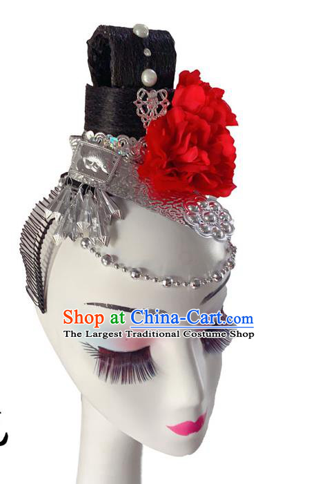 Chinese Woman Ethnic Dance Hairpieces Classical Dance Hair Accessories Miao Nationality Performance Wigs Chignon