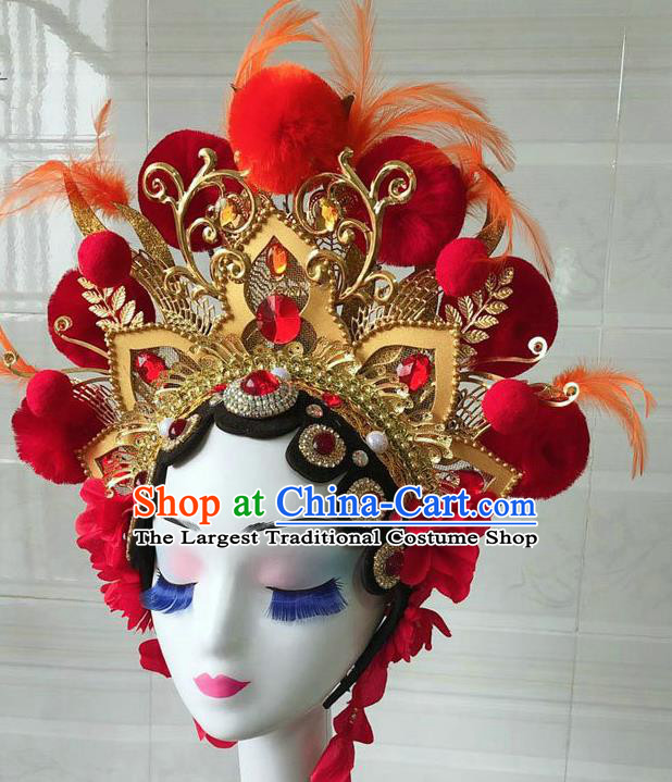 Chinese Peking Opera Blues Helmet Opera Female General Performance Feather Headdress Classical Dance Wigs and Hair Accessories