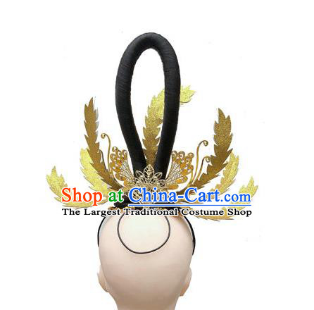 Chinese Traditional Fairy Dance Wigs Chignon Classical Dance Hair Accessories Woman Stage Performance Golden Hair Crown