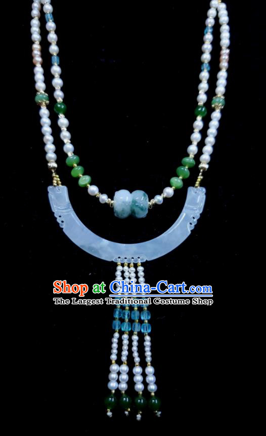 China Qing Dynasty Pearls Tassel Necklet Handmade Jade Jewelry Ancient Imperial Consort Necklace Accessories