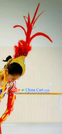 Top China Female Group Dance Red Feather Headpiece Classical Dance Hair Accessories Stage Performance Hair Crown