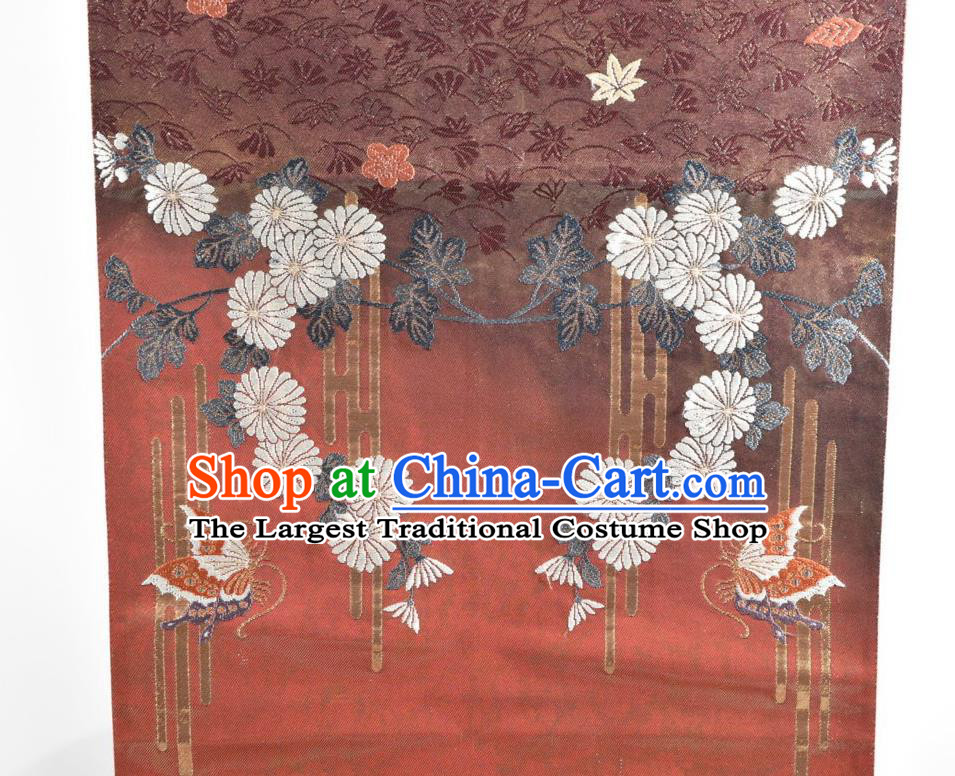 Japanese Handmade Nishijin Red Brocade Waistband Traditional Yukata Robe Girdle Accessories Classical Chrysanthemum Pattern Kimono Belt