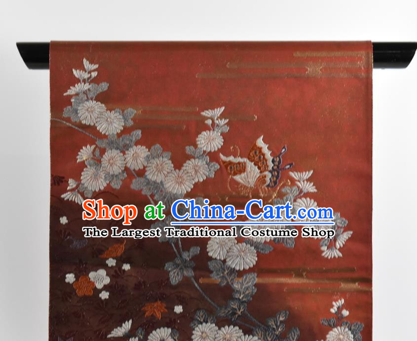 Japanese Handmade Nishijin Red Brocade Waistband Traditional Yukata Robe Girdle Accessories Classical Chrysanthemum Pattern Kimono Belt