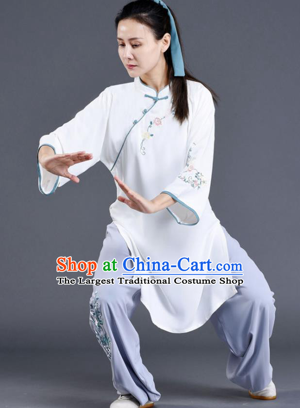 Chinese Tai Chi Training Costumes Tai Ji Chuan White Outfits Traditional Shadow Boxing Embroidered Clothing