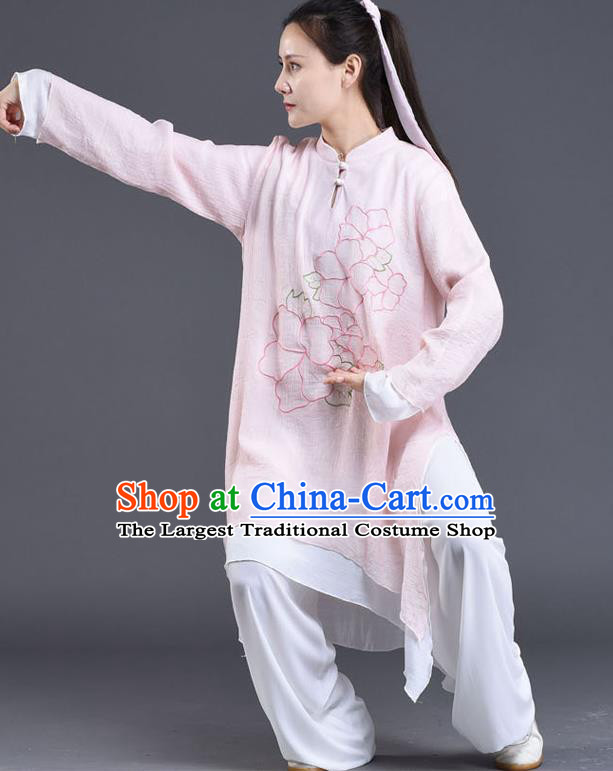 Chinese Tai Ji Chuan Performance Pink Linen Outfits Traditional Shadow Boxing Embroidered Clothing Tai Chi Training Costumes