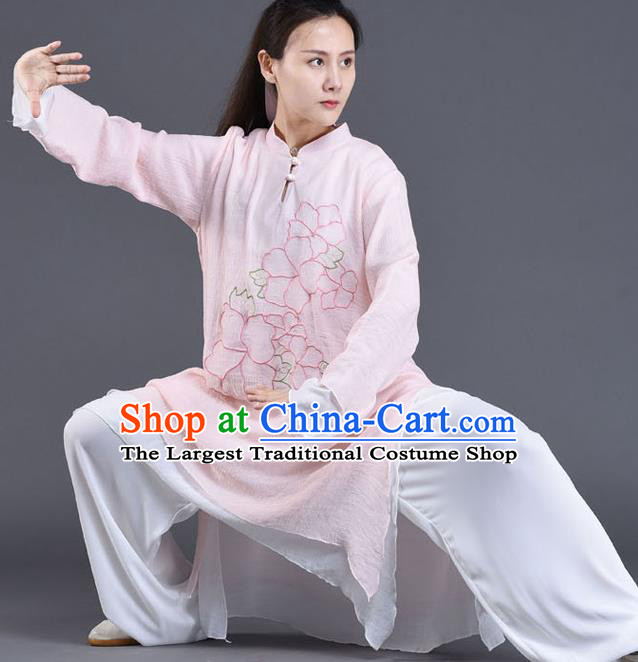 Chinese Tai Ji Chuan Performance Pink Linen Outfits Traditional Shadow Boxing Embroidered Clothing Tai Chi Training Costumes