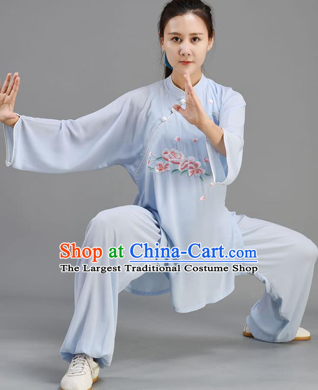 Chinese Traditional Kung Fu Two Pieces Set Embroidered Light Blue Uniform Tai Chi Performance Clothing Tai Ji Chuan Outfit