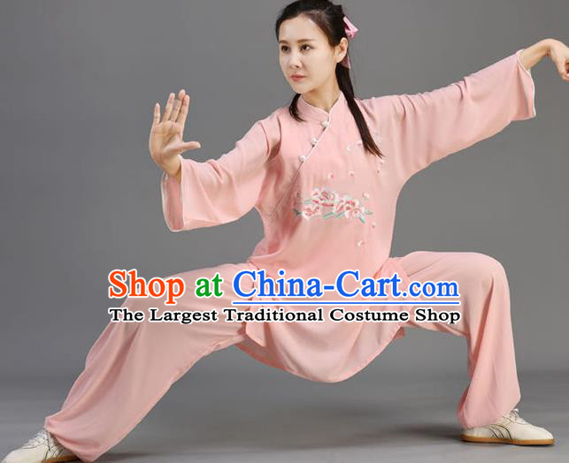 Chinese Tai Ji Chuan Outfit Traditional Kung Fu Two Pieces Set Embroidered Pink Uniform Tai Chi Performance Clothing