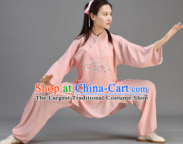 Chinese Tai Ji Chuan Outfit Traditional Kung Fu Two Pieces Set Embroidered Pink Uniform Tai Chi Performance Clothing