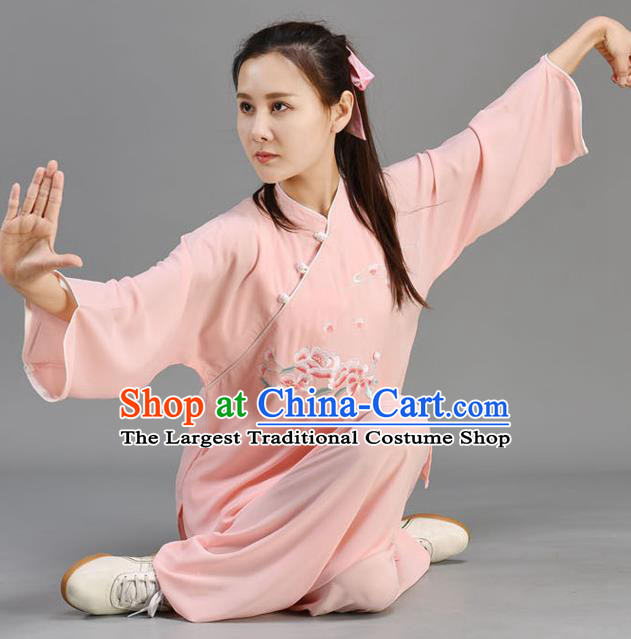 Chinese Tai Ji Chuan Outfit Traditional Kung Fu Two Pieces Set Embroidered Pink Uniform Tai Chi Performance Clothing