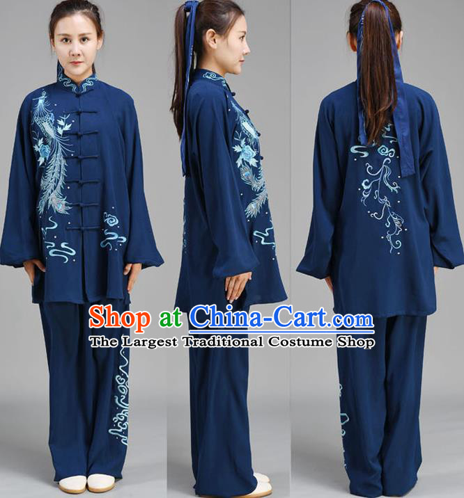 Chinese Tai Chi Performance Clothing Tai Ji Chuan Outfit Traditional Kung Fu Two Pieces Set Embroidered Midnight Blue Uniform