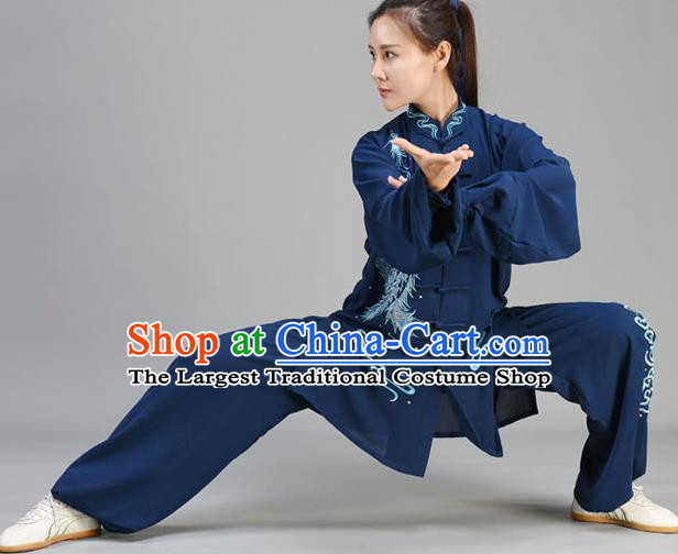 Chinese Tai Chi Performance Clothing Tai Ji Chuan Outfit Traditional Kung Fu Two Pieces Set Embroidered Midnight Blue Uniform