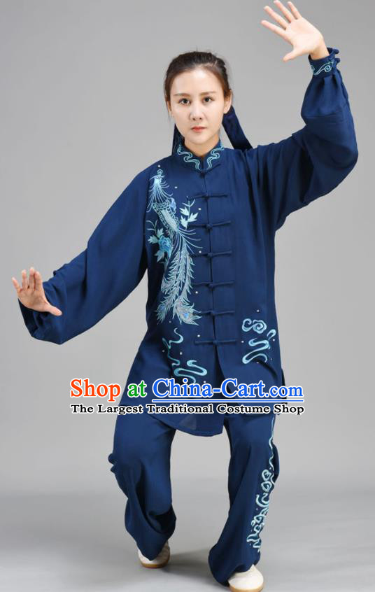 Chinese Tai Chi Performance Clothing Tai Ji Chuan Outfit Traditional Kung Fu Two Pieces Set Embroidered Midnight Blue Uniform