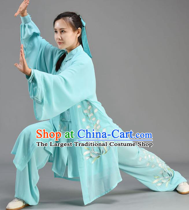 Chinese Embroidered Orchids Blue Uniform Tai Chi Performance Clothing Tai Ji Chuan Outfits Traditional Kung Fu Three Pieces Set