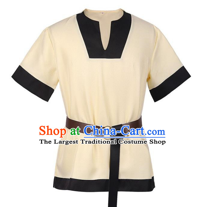 European V-Neck Top Short-Sleeved Black-Edged Loose Farmer Pullover Cosplay Medieval Warrior Costume Large Size