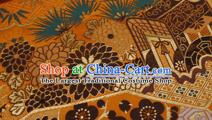 Orange Japanese Kimono Drapery Traditional Brocade Fabric Classical Crane Pattern Design Nishijin Cloth