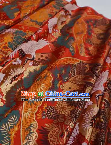 Red Traditional Brocade Fabric Japanese Classical Crane Pattern Design Nishijin Cloth Kimono Drapery