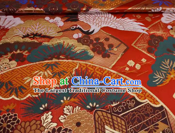 Red Traditional Brocade Fabric Japanese Classical Crane Pattern Design Nishijin Cloth Kimono Drapery