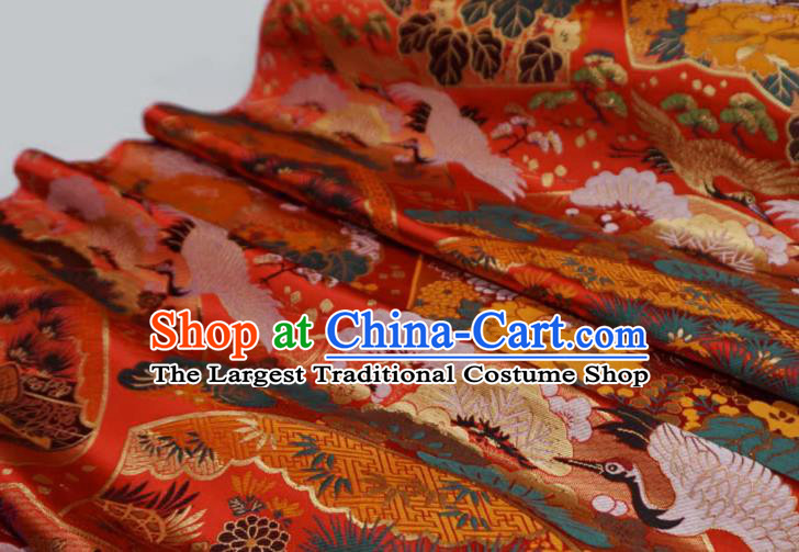Red Traditional Brocade Fabric Japanese Classical Crane Pattern Design Nishijin Cloth Kimono Drapery