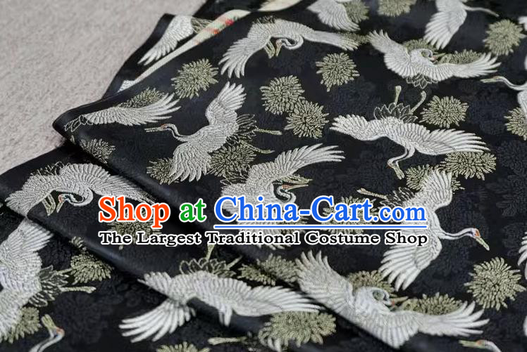 Black Chinese Traditional Brocade Fabric Ancient Hanfu Cloth Classical Cranes Pattern Design Material