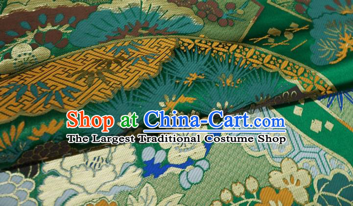 Green Japanese Classical Crane Pattern Design Nishijin Cloth Kimono Drapery Traditional Brocade Fabric
