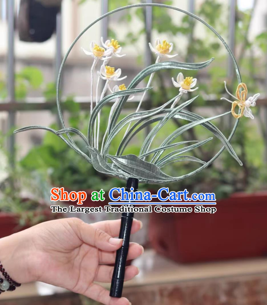 Handmade Palace Fan Traditional Classical Embroidered Orchids Round Fan Chinese Hanfu Photography Prop