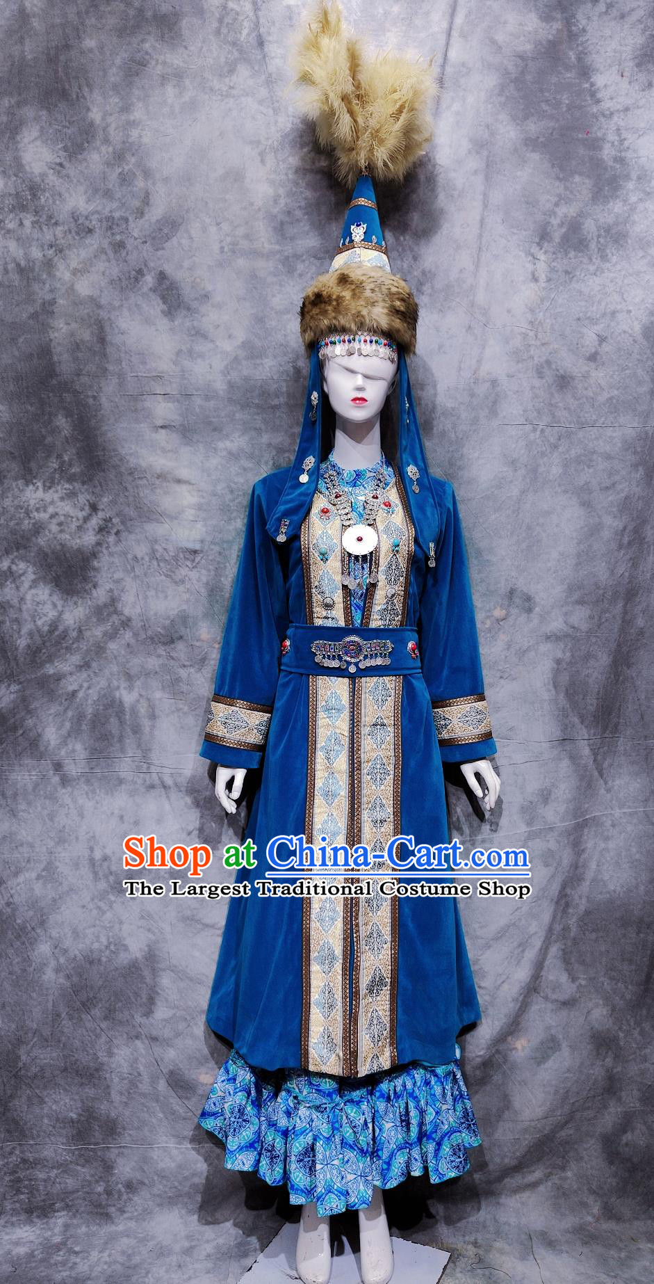 Traditional Xinjiang Dance Blue Dress Chinese Hazak Ethnic Dance Costume China Kazakh National Minority Woman Clothing