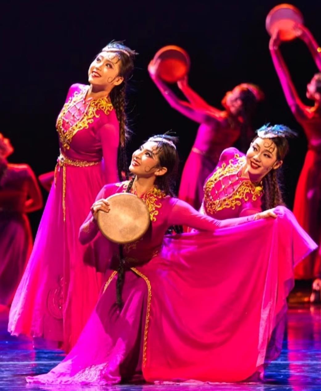 Where The Drumbeats Begin Dance Performance Costume Chinese Uyghur Dance Rosy Dress Xinjiang Ethnic Performance Attire
