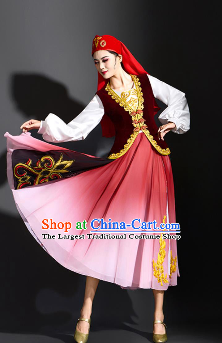 Xinjiang Dance Dress Women Elegant Flared Uyghur Folk Dance Costume Chinese Ethnic Dance Clothing