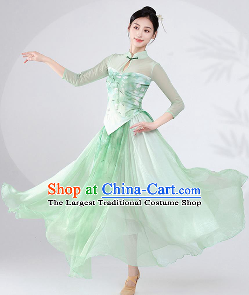 Chinese Classical Dance Costume Cheongsam Fan Dance Green Outfit for Women