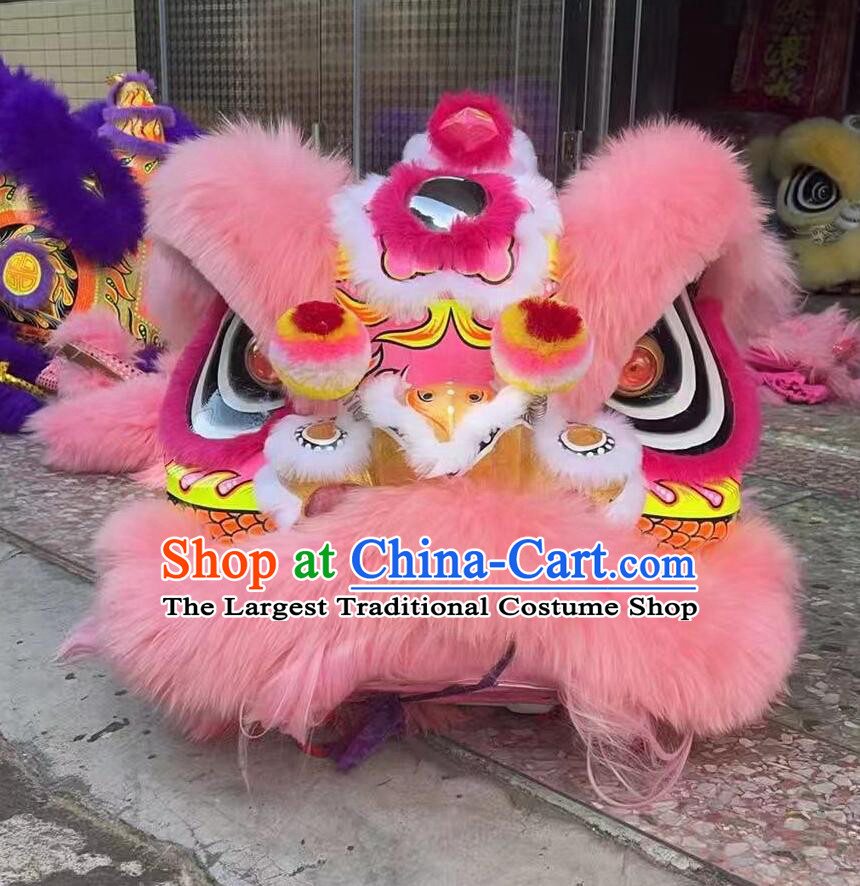 Handmade Chinese Fut San Lion Head and Costume Pink Wool Lion Dance Clothing Complete Set
