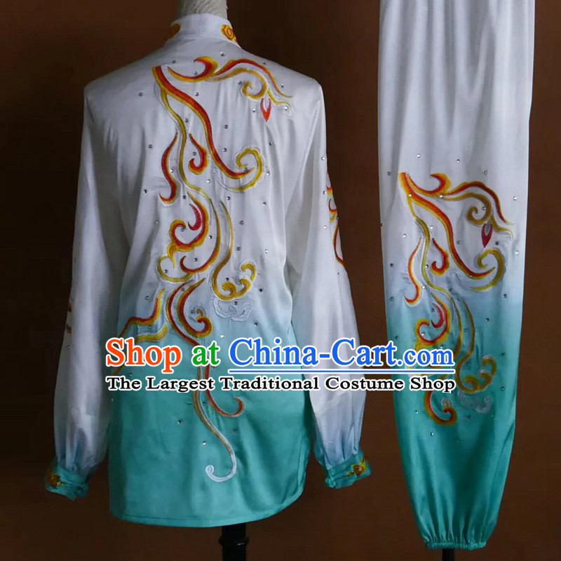 Ba Duan Jin Performance Gradient Blue Outfit Custom Embroidery Phoenix Tai Chi Competition Costume