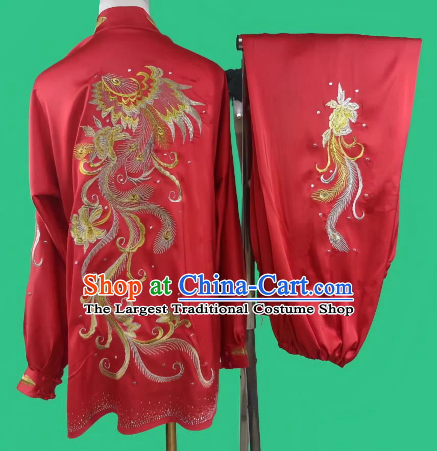 Red Gold Thread Embroidery Peacock Tai Chi Suit Chinese Kung Fu Competition Performance Costume