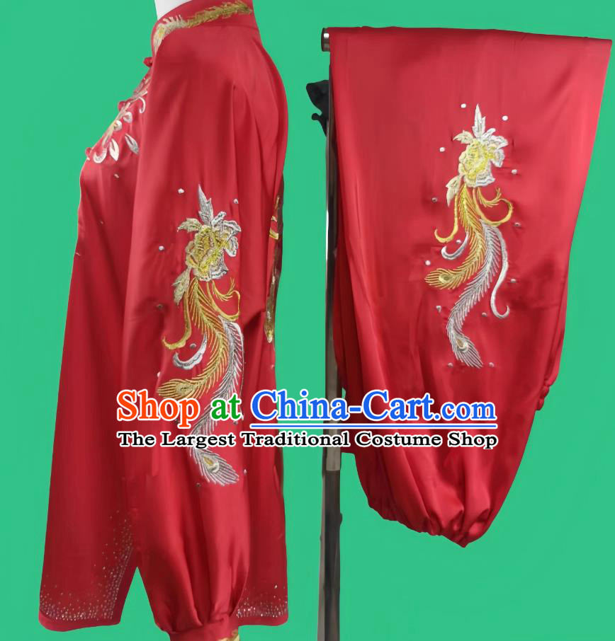 Red Gold Thread Embroidery Peacock Tai Chi Suit Chinese Kung Fu Competition Performance Costume