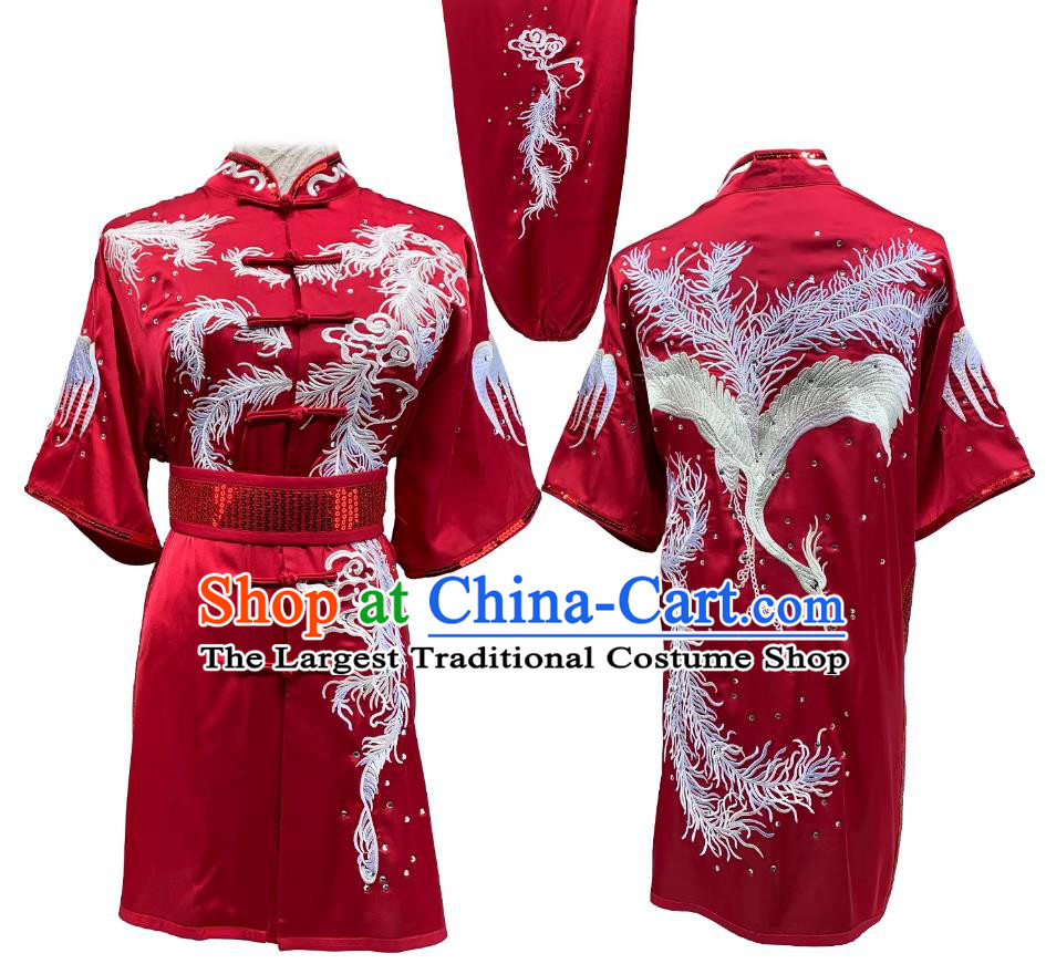 Custom Made Wushu Martial Arts Competition Costume Embroidered Phoenix Tails Red Changquan Suit Kung Fu Performance Uniform